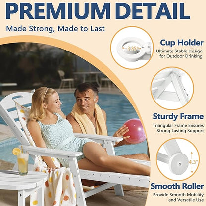 Patio Chaise Lounge Chair, HDPE Outdoor Lounge Chairs with 5-Position Adjustable Backrest, Cup Holder and Wheels, 450lbs Capacity for Poolside Deck Backyard, All Weather Material(White)