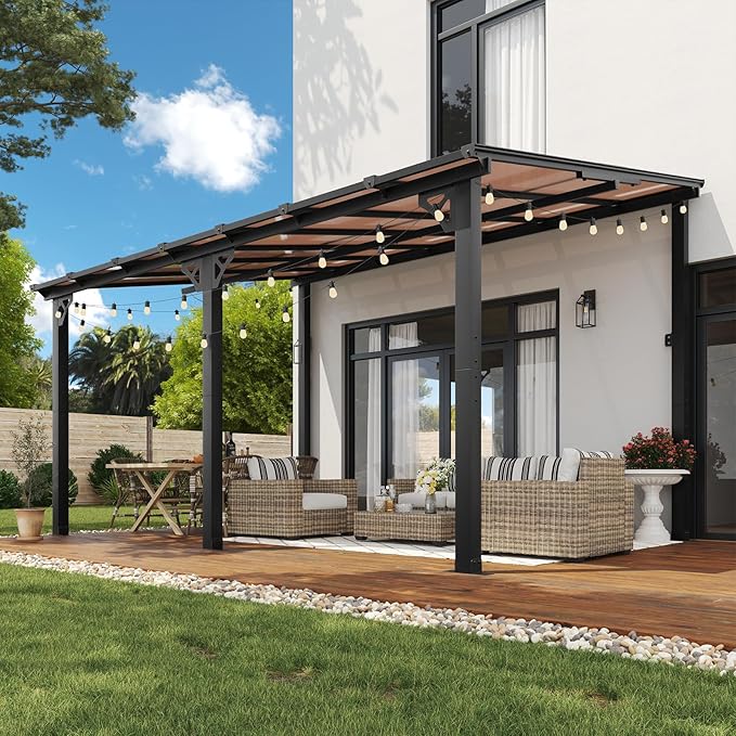 Aoxun 10’ x 14’ Gazebo, Wall Mounted Gazebos Pergola, Outdoor Patio, Large Wall-Mounted Heavy Duty Awnings for Patio, and LED Outdoor Waterproof Hanging Lights for Decks, Backyard