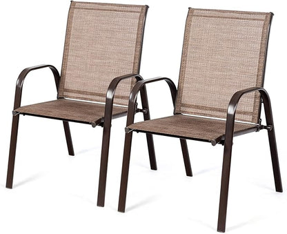 Tangkula 2 Piece Patio Dining Chairs, Outdoor Bistro Chairs W/Curved Armrests, Easy-to-Dry Fabric, Reinforced Steel Frame, Wide & Comfortable Camping Chairs for Garden, Poolside, Backyard (1, Brown)