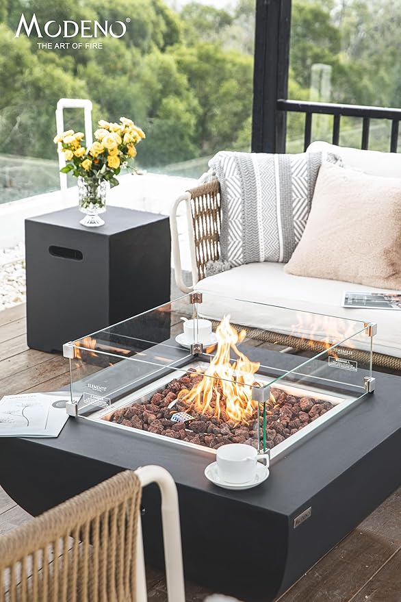 AMS Fireplace | Modeno Aurora Package | Black Natural Gas Fire Pit Table for Outside Patio Bundle with Wind Guard, and SS Burner Lid | Free Rubber Mat & Ice Bucket
