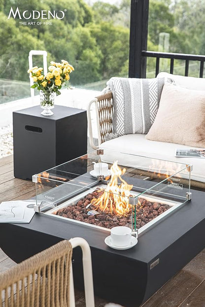 AMS Fireplace | Modeno Aurora Package | Black Natural Gas Fire Pit Table for Outside Patio Bundle with Wind Guard, and SS Burner Lid | Free Rubber Mat & Ice Bucket