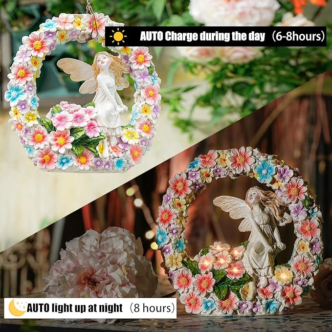 Garden Whimsical Gnome and Bulldog Statue Delightful Garden Decoration with Solar Light Gifts for Yard, Patio Decor (Flower Angel)