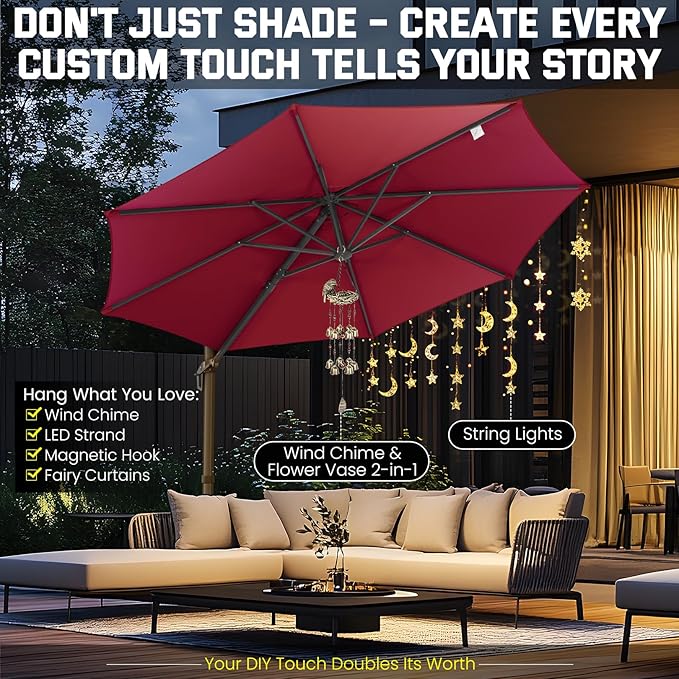 Hotime 10ft Patio Umbrella Outdoor Patio Windproof and Height adjustable, Heavy Duty Aluminum Round Offset Patio Umbrella Cantilever Pool Umbrella with 360°Rotation for Garden Deck Pool, Wine Red