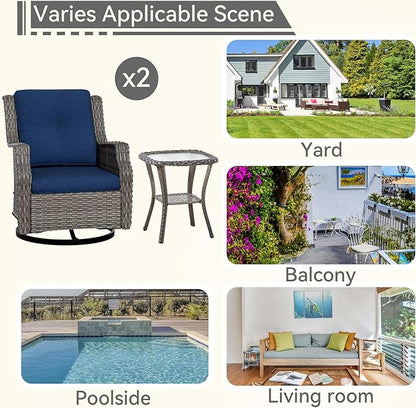 Patio Bistro Set 3 Pieces - Outdoor Swivel Rocker Patio Chair Set of 2 with Matching Tempered Glass Side Table, Cushion Included(Mixed Grey/Blue)