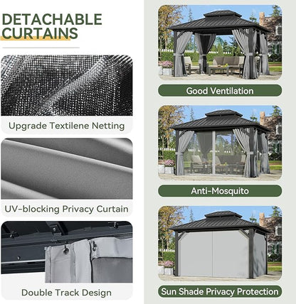 Aoxun 12'x10' Hardtop Gazebo, Aluminum Frame Permanent Pavilion with Curtains and Netting, Outdoor Galvanized Double Roof Canopy, Designed for Garden, Lawns, Patio