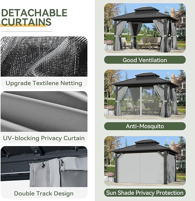 Aoxun 12'x10' Hardtop Gazebo with Light, Aluminum Frame Permanent Pavilion with Curtains and Netting, Outdoor Galvanized Double Roof Canopy, Designed for Garden, Lawns, Patio (Black/Grey)