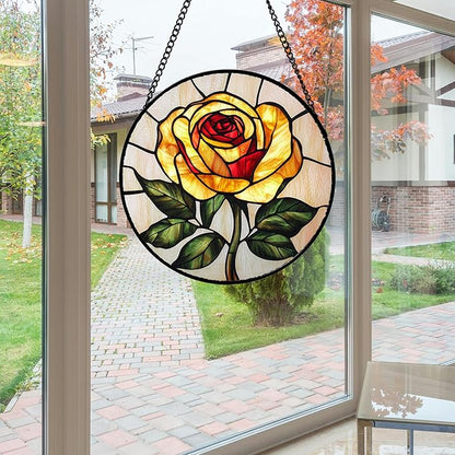 Stained Glass Window Hanging - Elegant Yellow Rose Flower Sun Catcher for Door Garden Home Decor Suncatcher Christmas Mother's Day Birthday Gifts for Women Mom Girl Nana Friend 15 in