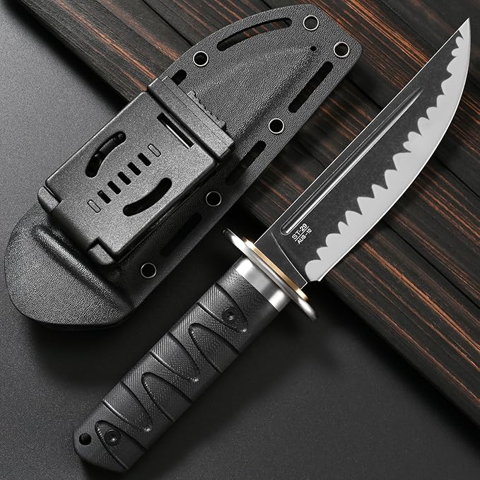 Sitivien ST29 Fixed Blade Knife, AUS-10 Steel Blade G10 Handle Full Tang Bowie Knife for Outdoor Camping Hunting Fishing Working(Black)