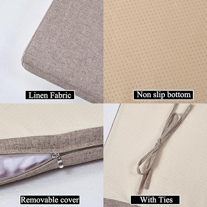 36 x 14 Inch Piano Bench Cushions for Indoor Furniture with Ties Non Slip Kitchen Dining Room Bench seat Cushion for Shoe Storage Ottoman Window Settee Pad，Khaki
