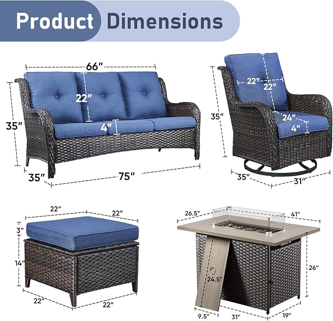 Wicker Outdoor Conversation Se with 50,000 BTU Gas Propane Fire Pit Tablet-6 Pieces Outdoor Wicker High Back Couch Patio Furniture for Deck Poolside Backyard