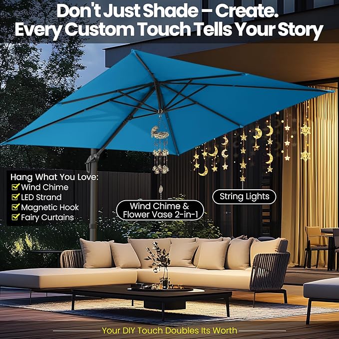 Hotime 10ft Patio Umbrella Outdoor Patio Windproof and Height adjustable, Heavy Duty Aluminum Square Offset Patio Umbrella Cantilever Pool Umbrella with 360°Rotation for Garden Deck Pool, Light Blue