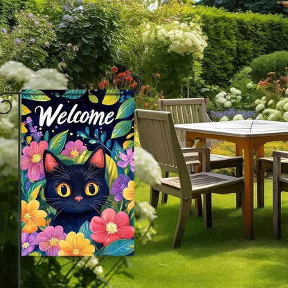 Welcome Spring Garden Flag 12x18 InchDouble Sided Hello Spring Black Cat Outdoor Yard Decoration Summer Farmhouse Holiday Yard Flag Floral Design Spring Home Decor Flags