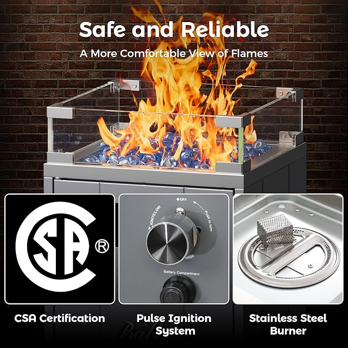 BALI OUTDOORS 15 inch Gas Fire Pit, Outside Propane Firebowl with Glass Wind Guard, Patio Square Fireplace with Fire Glass Stone for Backyard, Garden and Terrace