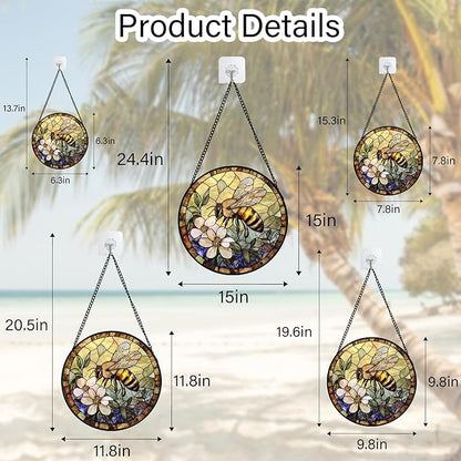 Stained Glass Window Hanging, Vintage Bee Yellow Flower Sun Catcher for Window Door Home Decor Suncatcher Christmas Mother's Day Birthday Gifts for Women Men Mom and Nana 7.8 in