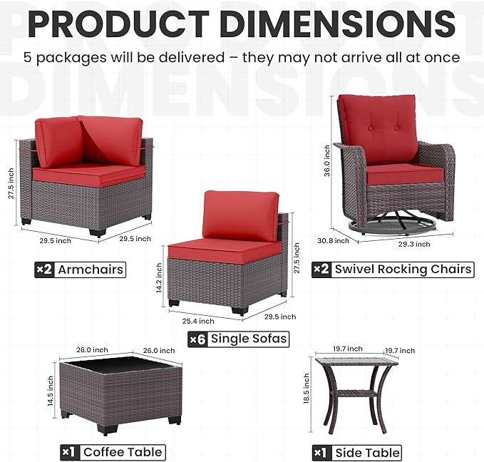 12 Pcs Outdoor Patio Furniture Set Outdoor Furniture All Weather Patio Sectional Sofa PE Wicker Modular Conversation Set with Coffee Table, Swivel Rocking Chair Red