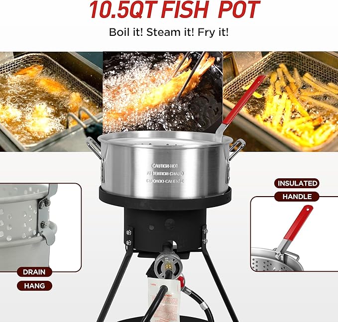 Red Mountain Valley 10.5-Quart Outdoor Propane Fish Fryer with Aluminum Filter Basket and Thermometer for frying fish, wings, 50,000 BTU Gas Propane Deep Fryer, 0-5 PSI Regulator, Full CSA Approved