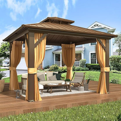 EROMMY 10'x10' Gazebo Hardtop, Galvanized Steel Double Roof Metal Gazebo with Aluminum Frame, Permanent Outdoor Pavilion with Curtain and Netting for Patio, Lawn and Garden, Brown