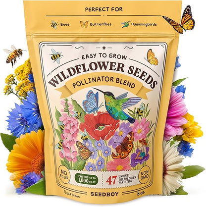 Seedboy Wildflowers for Pollinators Seed Mix – 8 oz Bulk Wildflower Seeds - 160,000+ Non-GMO Annual and Perennial Seeds for Bees Butterflies Hummingbirds – 47 Varieties Wild Flowers for Planting (8oz)