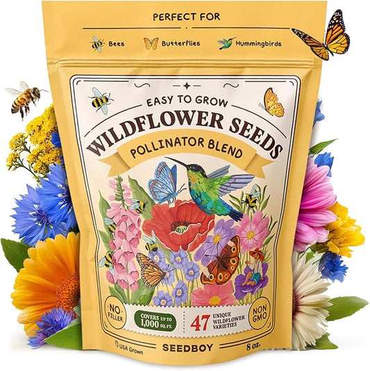 Seedboy Wildflowers for Pollinators Seed Mix – 8 oz Bulk Wildflower Seeds - 160,000+ Non-GMO Annual and Perennial Seeds for Bees Butterflies Hummingbirds – 47 Varieties Wild Flowers for Planting (8oz)