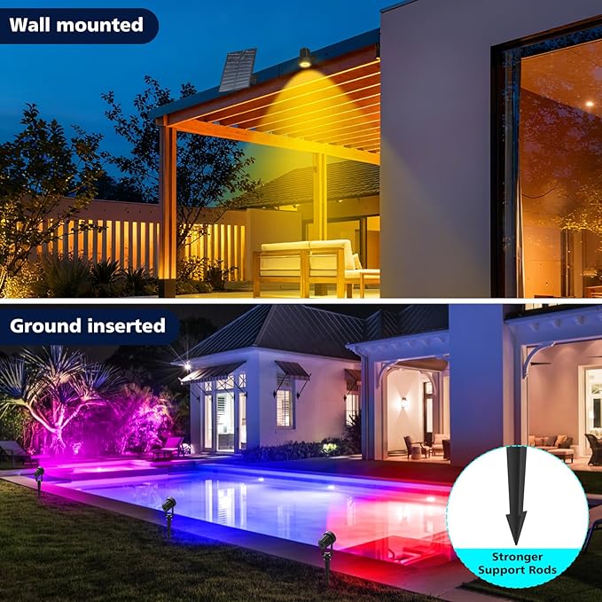 RGB Solar Spot Lights Outdoor,2 Pack Color Changing Solar Landscape Spotlights IP65 Waterproof 9.8ft Cable, Auto On/Off Outdoor Wall Lights for Garden Yard Driveway Porch Walkway Pool (1-in-1)