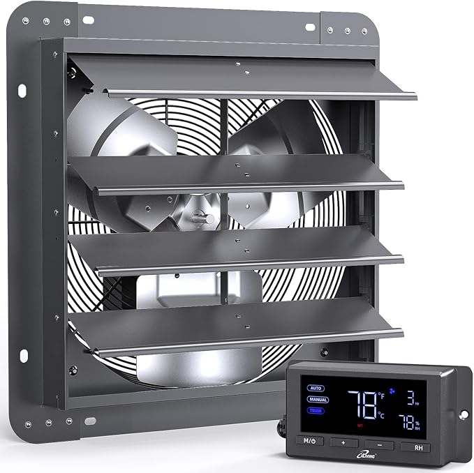iLiving 16" Wall Mounted Shutter Exhaust Fan, Automatic Shutter, Temperature and Humidity Controls with Variable Speed, 1736 CFM at 1600 RPM DC Motor
