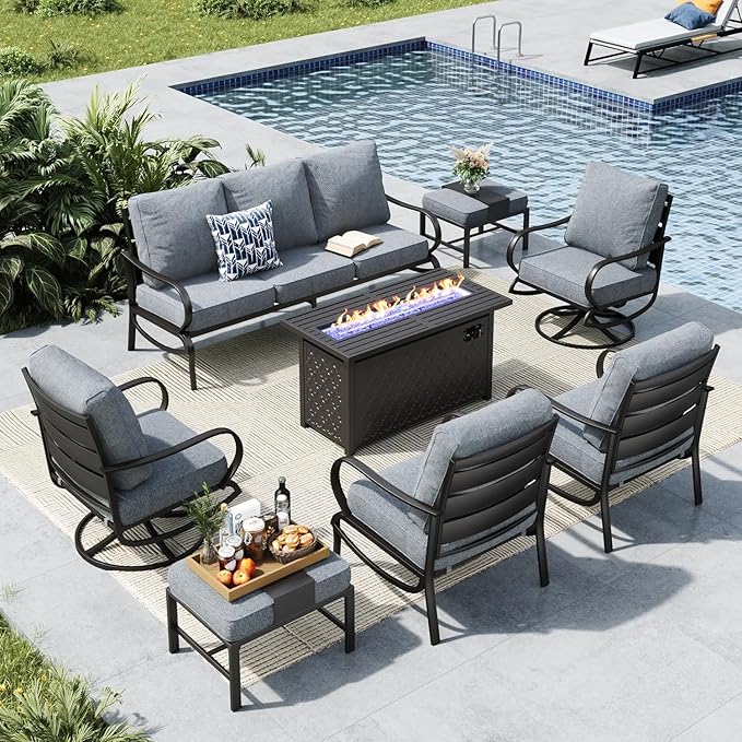 MFSTUDIO 8 Pieces Patio Furniture Sets with 45" Gas Fire Pit Table(Up to 9 Seat),Outdoor Metal Conversation Sofas with 1 x 3-Seat Sofa, 2 Single Chairs,2 Swivel Chairs and 2 Ottoman,Grey Cushion
