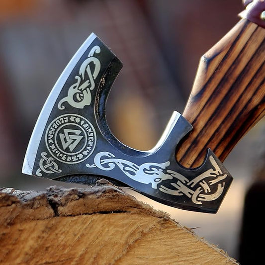 SHINY CRAFTS® Handcrafted Decorative Viking Axe with Leather-Wrapped Handle & Sheath – Engraved Blade – Ceremonial Collectible Gift for Men, Warriors, History Buffs, Cosplay & Display (VBA-07)