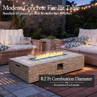UPHA 56-inch Outdoor Propane Gas Fire Pit Table 50000 BTU Concrete Rectangle FirePit for Outside Patio with Propane Tank Cover, Wind Guad, Blue Glass Rocks, Rain Cover, Beige Texture
