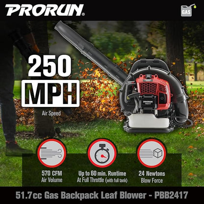 PRORUN 51.7cc 570 CFM 250 MPH Gas-Powered 2-Cycle Backpack Leaf Blower, PBB2417