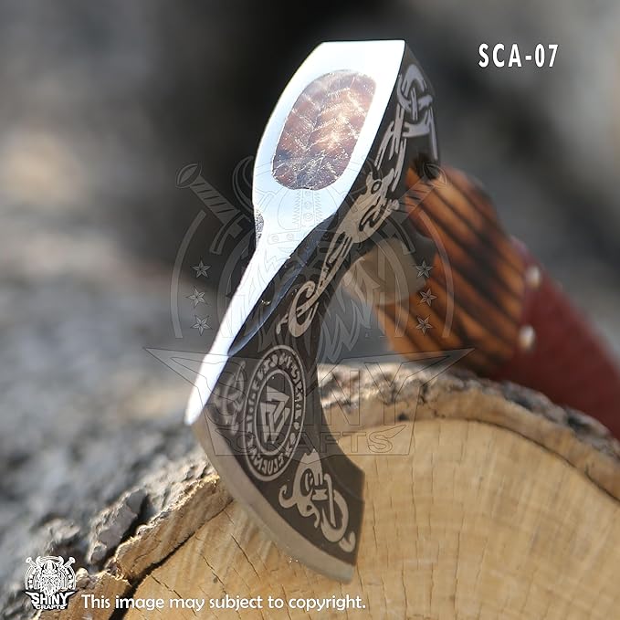 SHINY CRAFTS® Handcrafted Decorative Viking Axe with Leather-Wrapped Handle & Sheath – Engraved Blade – Ceremonial Collectible Gift for Men, Warriors, History Buffs, Cosplay & Display (VBA-07)