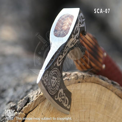 SHINY CRAFTS® Handcrafted Decorative Viking Axe with Leather-Wrapped Handle & Sheath – Engraved Blade – Ceremonial Collectible Gift for Men, Warriors, History Buffs, Cosplay & Display (VBA-07)