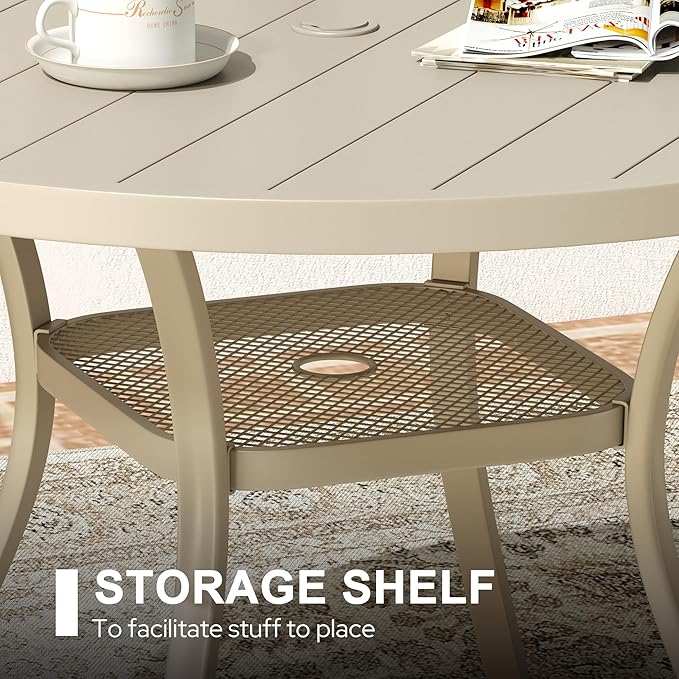 VICLLAX 47.2" Outdoor Round Patio Dining Table for 4-6, All Weather Metal Dining Table with Umbrella Hole for Deck Lawn Garden Backyard, Sandshell
