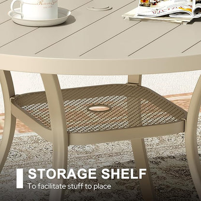 VICLLAX 47.2" Outdoor Round Patio Dining Table for 4-6, All Weather Metal Dining Table with Umbrella Hole for Deck Lawn Garden Backyard, Sandshell