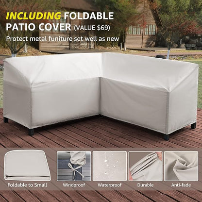 NATURAL EXPRESSIONS 6 Pieces Patio Furniture Sets, Metal Outdoor Sectional Furniture L Shape Patio Conversation Sets,Highback Frame,Metal Table,Large Waterproof Cover, 6.5" Olefin Cushions