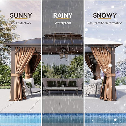 Aoxun 10'x13' Hardtop Gazebo, Aluminum Frame Permanent Pavilion with Netting and Curtains, Outdoor Polycarbonate Double Roof Canopy, Designed for Lawn, Garden, Patio (Khaki)