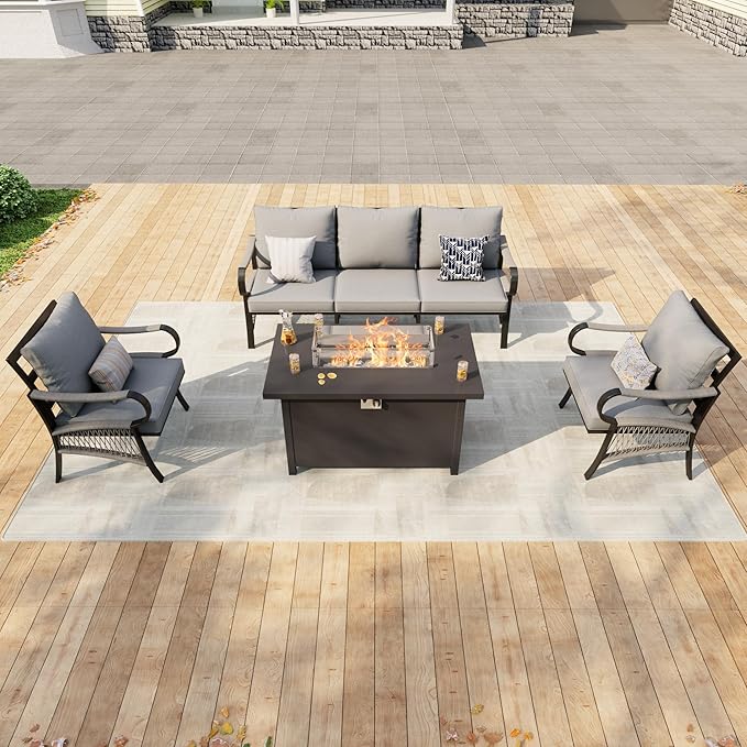 4 Pieces Patio Conversation Sets, All Weather Metal Outdoor Furniture Set, 3-Seater, 2 Single Chairs, 1 Fire Pit Table for Backyard Garden Deck Porch Poolside, Gray