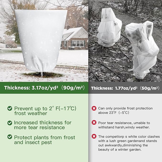 IPOW 2PCS Plant Covers for Winter 3.17oz/yd² Thicken Plant Covers Freeze Protection, Reusable Tree Frost Protection Covers Shrub Jacket Bag with Zipper &Drawstring for Outdoor Plants(39.4'' x 47.3")