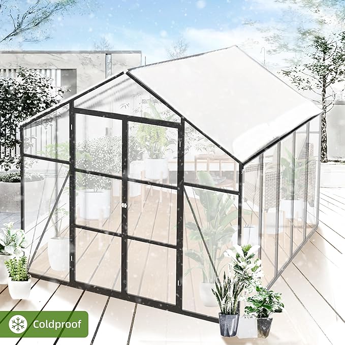 8x10 FT Greenhouses for Outdoor,Heavy Duty Polycarbonate Greenhouse,Large Walk-in Garden Green House with Raised Base,Double Doors and Two Ventilation Windows for Outside, Backyard,Black