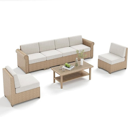 Patio Furniture Set, 7 Piece Outdoor Rattan Wicker Sectional Conversation Set with 5.5" Thick Waterproof Cushions and Coffee Table for Deck Backyar
