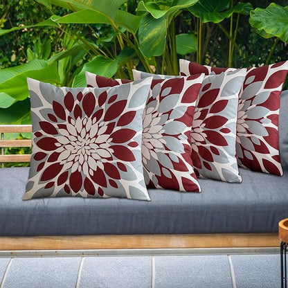 Qahing Pack of 4 Outdoor Waterproof Pillow Covers 22x22 Decorative Outdoor Throw Pillows Garden Square Cushion Cases for Patio Furniture, Couch, Tent Sunbrella, Bench, Burgundy Red Grey