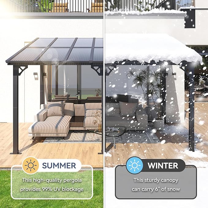 10x14FT Lean to Gazebo, Hardtop Metal Pergola with Polycarbonate Roof, Large Wall Mounted Heavy Duty Awnings, Patio Canopy for Backyard, Deck, Porch