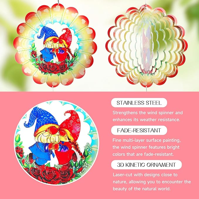 Gnome Wind Spinners Garden Yard Decor Gift for Women Men, 12 Inch Outdoor Metal 3D Wind Spinner, Stainless Steel Hanging Wind Catchers Kinetic Sculpture for Outside Decoration