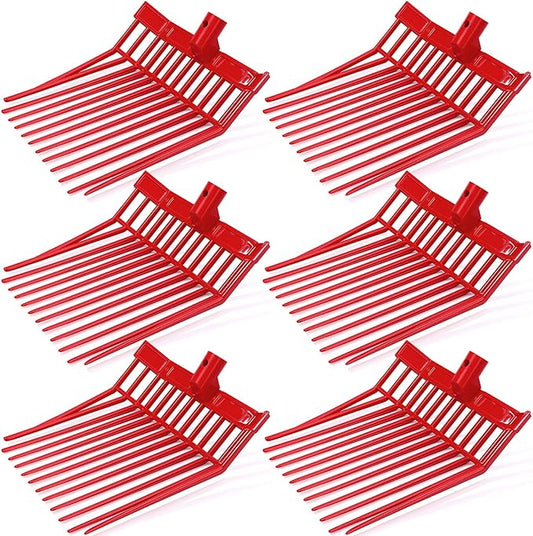 Lasnten 6 Pack Manure Fork Replacement Heads 12 Tines Heavy Duty Pitchfork Heads with Screws & Nuts Durable Horse Manure Rake for Picking up Grass Hay Animal Waste(Red)