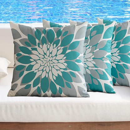 Qahing Pack of 4 Outdoor Waterproof Pillow Covers 20x20 Decorative Outdoor Throw Pillows Garden Square Cushion Cases for Patio Furniture, Couch, Tent Sunbrella, Bench, Teal Turquoise Grey
