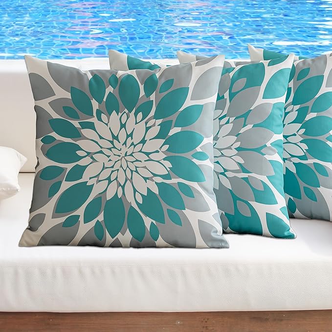 Qahing Pack of 4 Outdoor Waterproof Pillow Covers 24x24 Decorative Outdoor Throw Pillows Garden Square Cushion Cases for Patio Furniture, Couch, Tent Sunbrella, Bench, Teal Turquoise Grey