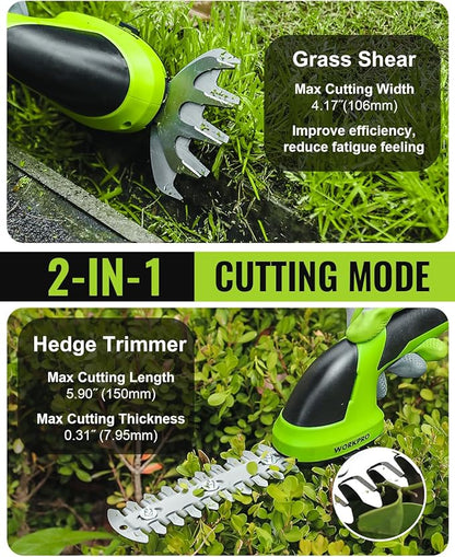 WORKPRO Cordless Grass Shear & Shrubbery Trimmer - 2 in 1 Handheld 7.2V Electric Grass Trimmer Hedge Shears/Grass Cutter Rechargeable Lithium-Ion Battery and Type-C Cable Included