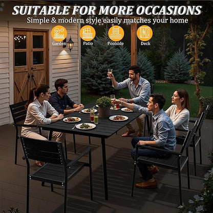 Outdoor Dining Table for 6, 70inch Patio Dining Table with Wooden-Like Top and Aluminum Frame, Rectangular Table with Umbrella Hole Outdoor Furniture, Only Table, Black