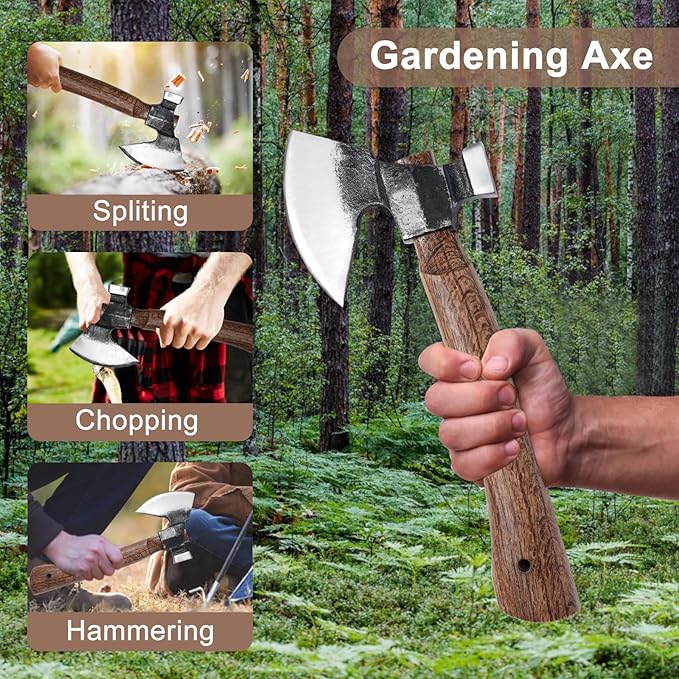 Wood Splitting Axe with Leather Sheath,Camping Hatchet with 10.74" Solid Handle,Bushcraft Axe with Hammering for Gardening,Chopping, Felling, Survival,Carving