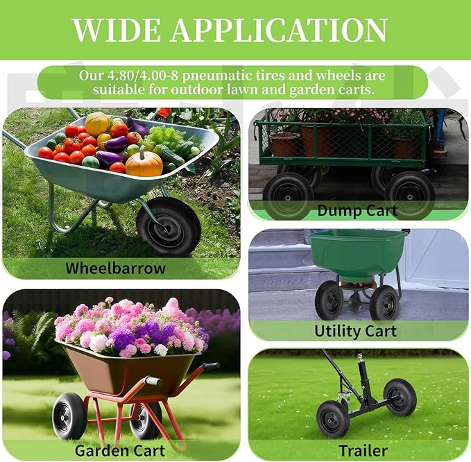RRQ (2 Pack) 4.80/4.00-8 Tire and Wheel, 16" Pneumatic Wheelbarrow Tires with 3" Centered Hub and 3/4" Bearings (Comes with 5/8" ID Iron Tube Adapter), for Wheelbarrow, Garden Cart, Trailer and More