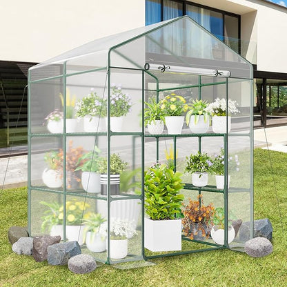 Happygrill Walk-in Greenhouse, Winter Hot House w/4 Tiers, 8 Shelves, Roll-up Zippered Door, Waterproof PVC Film, Portable Greenhouses for Outdoors for Potted Plants, Fruits, Vegetables, Flowers